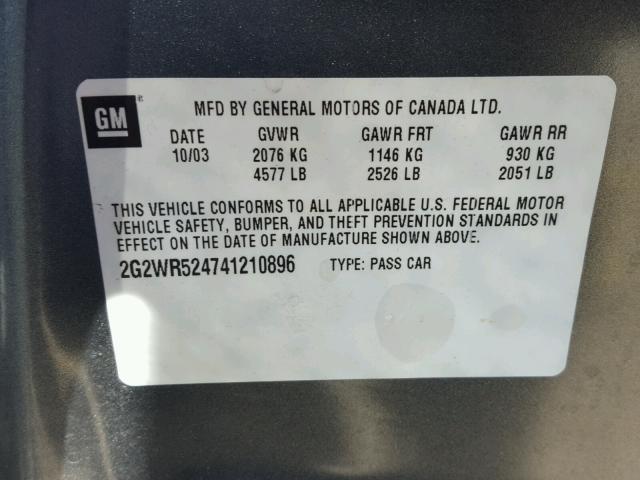 2G2WR524741210896 - 2004 PONTIAC GRAND PRIX GRAY photo 10