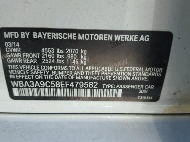 WBA3A9C58EF479582 - 2014 BMW 335 WHITE photo 10