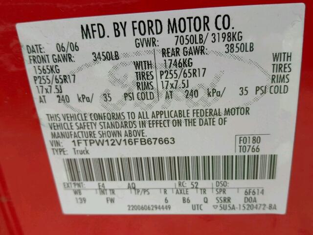 1FTPW12V16FB67663 - 2006 FORD F150 SUPER RED photo 10