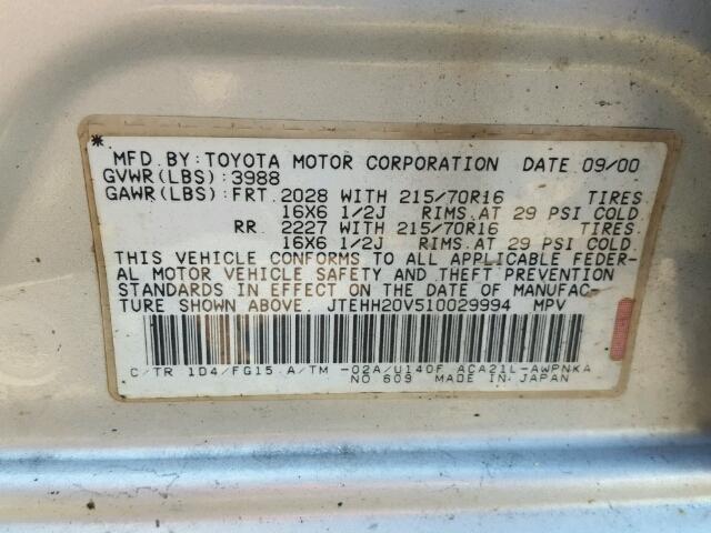 JTEHH20V510029994 - 2001 TOYOTA RAV4 SILVER photo 10