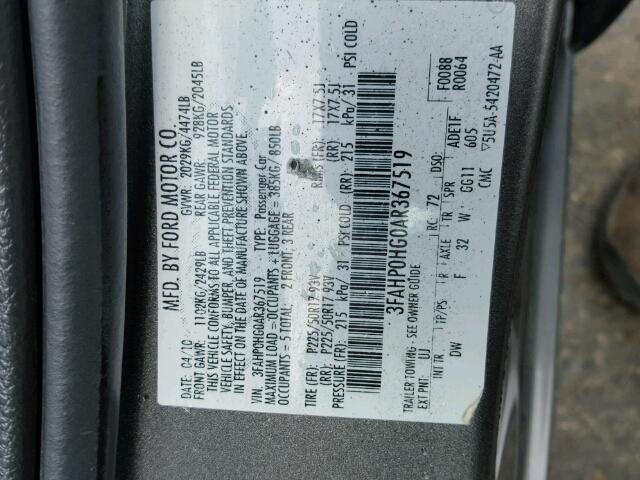 3FAHP0HG0AR367519 - 2010 FORD FUSION CHARCOAL photo 10