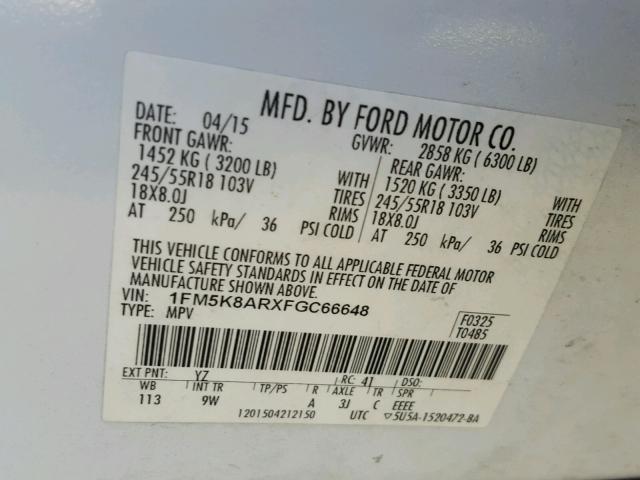 1FM5K8ARXFGC66648 - 2015 FORD EXPLORER P WHITE photo 10