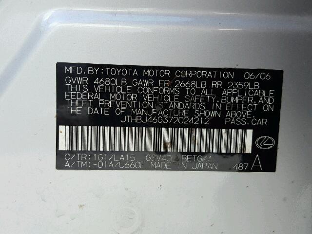 JTHBJ46G372024212 - 2007 LEXUS ES 350 SILVER photo 10