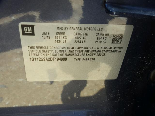 1G11C5SA2DF194900 - 2013 CHEVROLET MALIBU 1LT 蓝色 照片 10