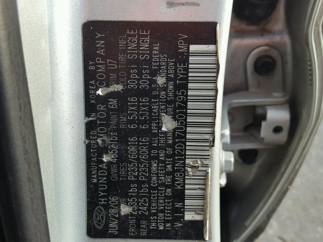 KM8JN12D17U501795 - 2007 HYUNDAI TUCSON SE SILVER photo 10