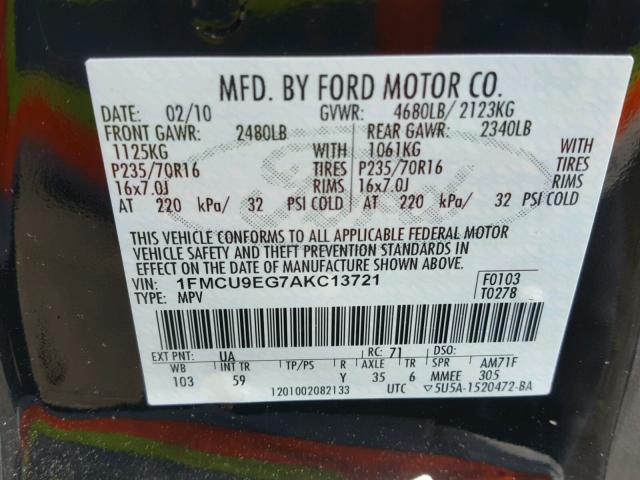 1FMCU9EG7AKC13721 - 2010 FORD ESCAPE LIM BLACK photo 10