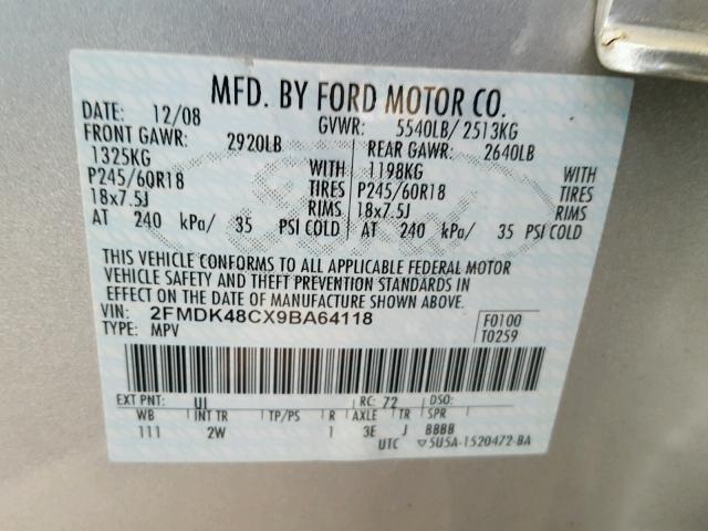 2FMDK48CX9BA64118 - 2009 FORD EDGE SEL SILVER photo 10