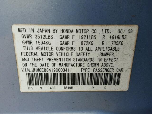 JHMGE88419C003411 - 2009 HONDA FIT SPORT BLUE photo 10