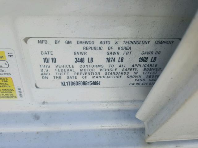 KL1TD6DE0BB154894 - 2011 CHEVROLET AVEO LS WHITE photo 10