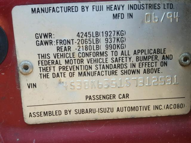 4S3BK6351S7312531 - 1995 SUBARU LEGACY L/O MAROON photo 10