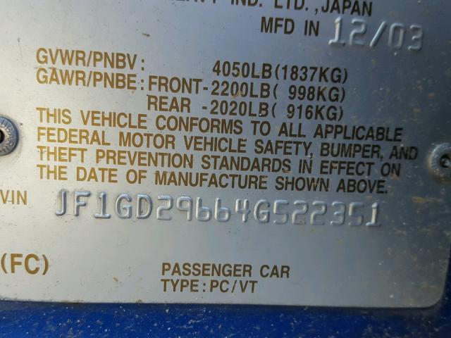 JF1GD29664G522351 - 2004 SUBARU IMPREZA WR BLUE photo 10