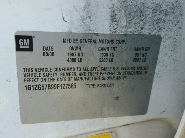 1G1ZG57B99F127565 - 2009 CHEVROLET MALIBU LS 白色 照片 10