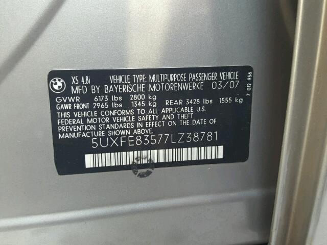 5UXFE83577LZ38781 - 2007 BMW X5 4.8I GRAY photo 10