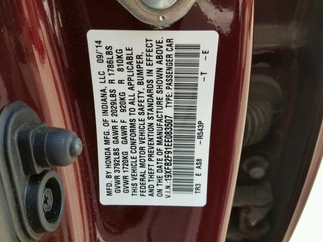 19XFB2F91EE083507 - 2014 HONDA CIVIC EXL BURGUNDY photo 10