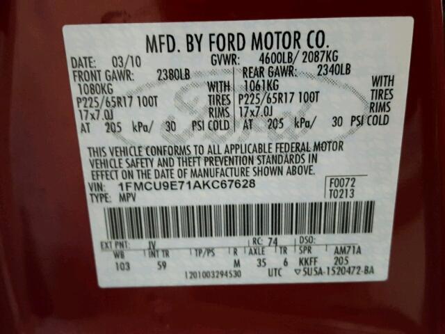 1FMCU9E71AKC67628 - 2010 FORD ESCAPE LIM MAROON photo 10