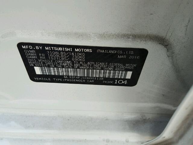 ML32F4FJ1HH001138 - 2017 MITSUBISHI MIRAGE G4 WHITE photo 10