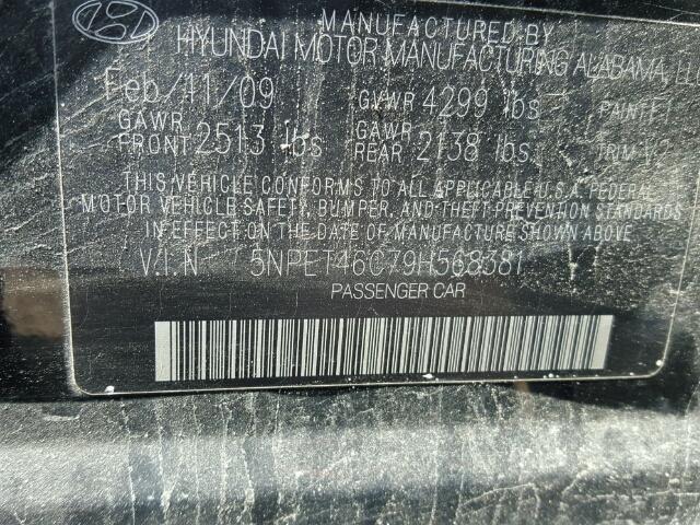 5NPET46C79H568381 - 2009 HYUNDAI SONATA GLS BLACK photo 10