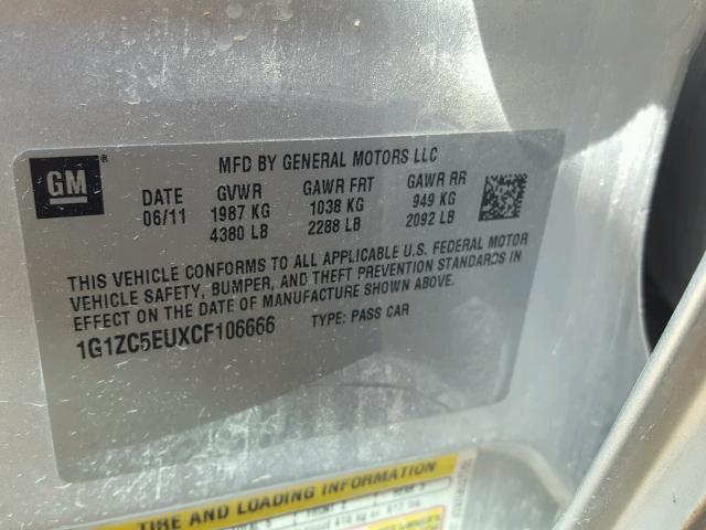 1G1ZC5EUXCF106666 - 2012 CHEVROLET MALIBU 1LT 银色 照片 10