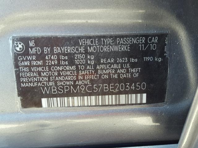 WBSPM9C57BE203450 - 2011 BMW M3 CHARCOAL photo 10