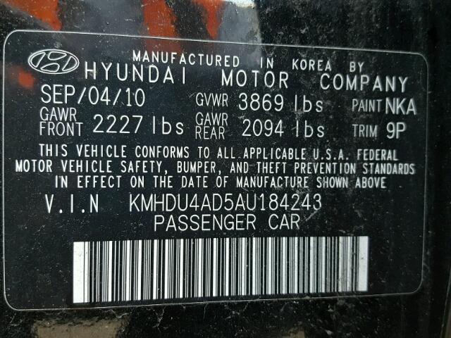 KMHDU4AD5AU184243 - 2010 HYUNDAI ELANTRA BL BLACK photo 10