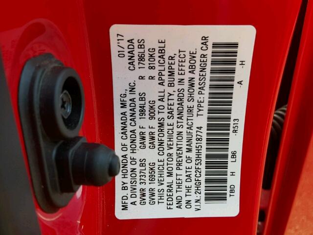 2HGFC2F53HH518774 - 2017 HONDA CIVIC LX RED photo 10