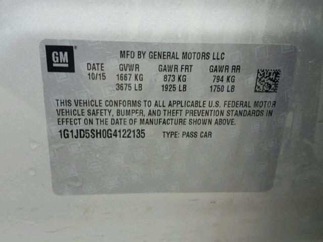 1G1JD5SH0G4122135 - 2016 CHEVROLET SONIC LT GRAY photo 10