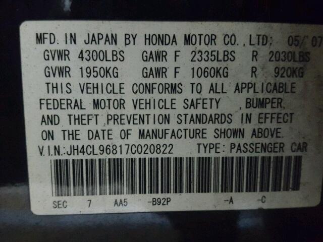 JH4CL96817C020822 - 2007 ACURA TSX BLACK photo 10