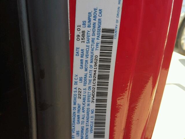 3VWDD21C92M419620 - 2002 VOLKSWAGEN NEW BEETLE წითელი ფოტო 10