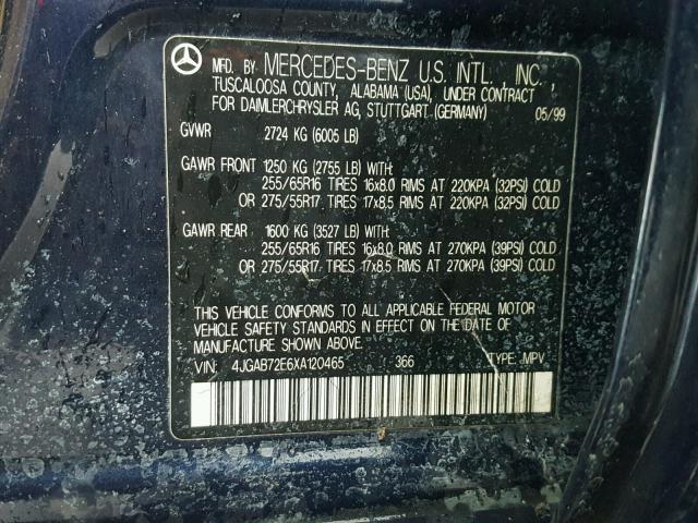 4JGAB72E6XA120465 - 1999 MERCEDES-BENZ ML 430 BLUE photo 10