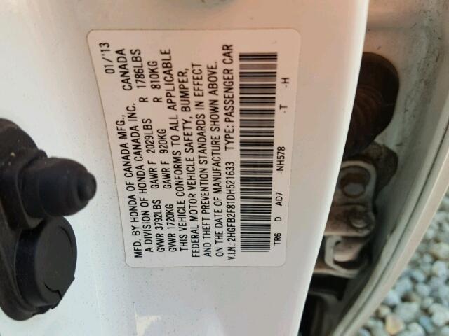 2HGFB2F81DH521633 - 2013 HONDA CIVIC EX WHITE photo 10