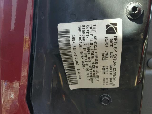 1G8AJ52F64Z171282 - 2004 SATURN ION LEVEL MAROON photo 10