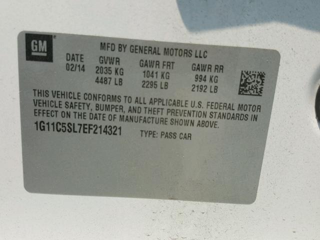 1G11C5SL7EF214321 - 2014 CHEVROLET MALIBU 1LT 白色 照片 10