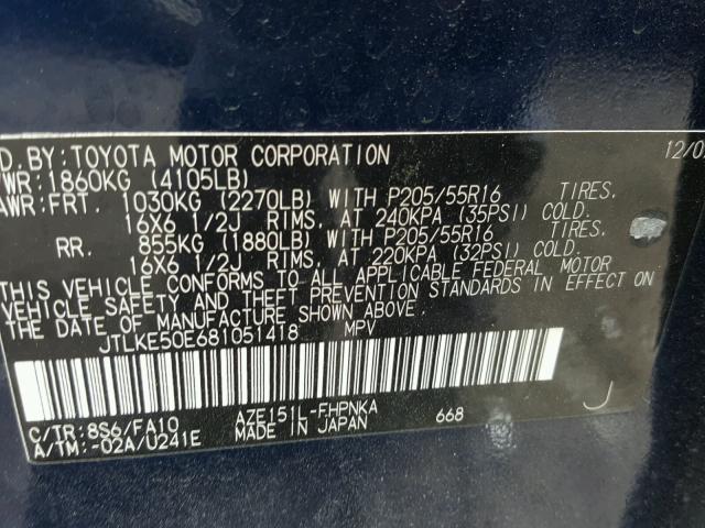 JTLKE50E681051418 - 2008 TOYOTA SCION XB Mavi foto 10