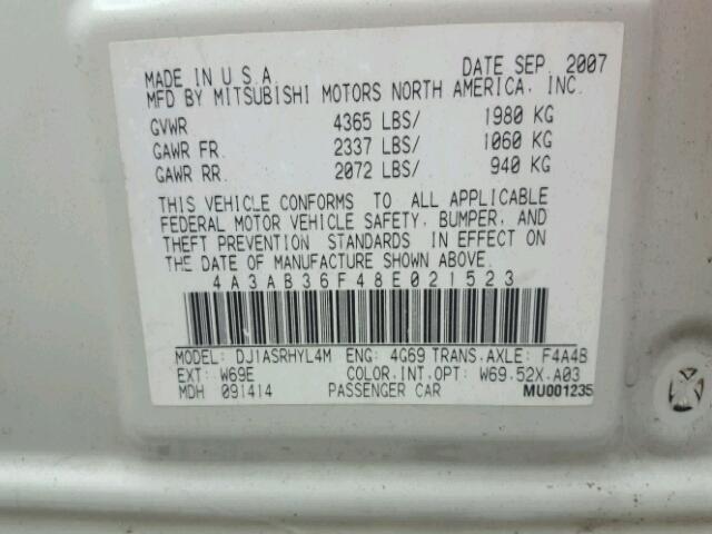 4A3AB36F48E021523 - 2008 MITSUBISHI GALANT ES CREAM photo 10