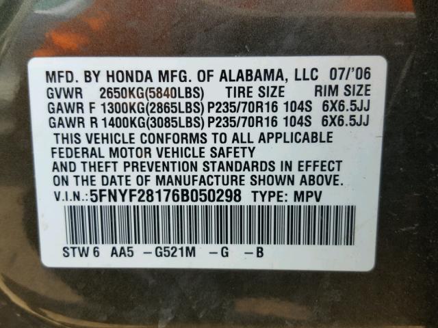 5FNYF28176B050298 - 2006 HONDA PILOT LX GREEN photo 10