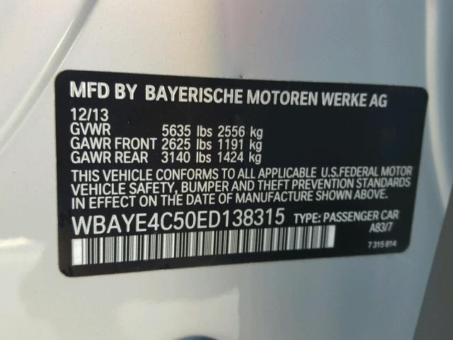 WBAYE4C50ED138315 - 2014 BMW 740 LI SILVER photo 10