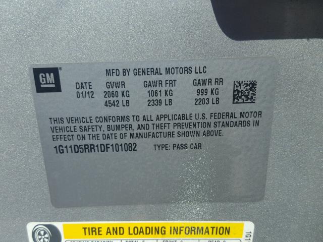 1G11D5RR1DF101082 - 2013 CHEVROLET MALIBU 1LT ვერცხლისფერი ფოტო 10