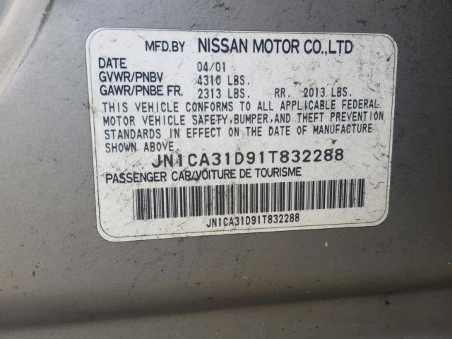 JN1CA31D91T832288 - 2001 NISSAN MAXIMA GXE GRAY photo 10