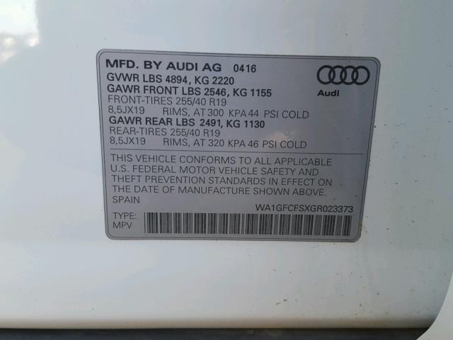 WA1GFCFSXGR023373 - 2016 AUDI Q3 PRESTIG WHITE photo 10