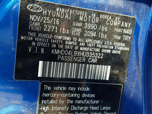 KMHD04LBXHU335322 - 2017 HYUNDAI ELANTRA SP BLUE photo 10