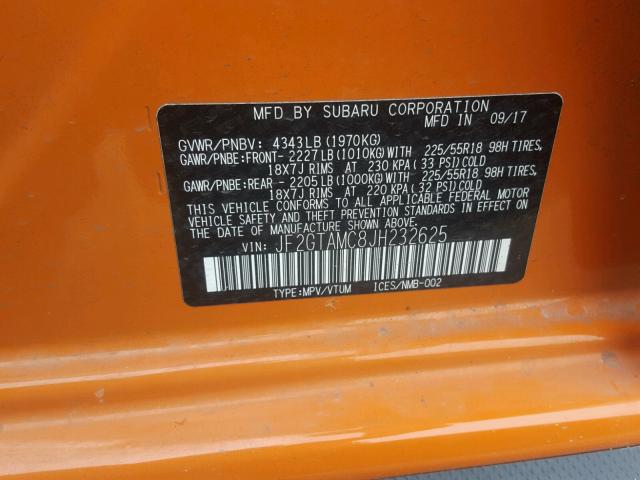 JF2GTAMC8JH232625 - 2018 SUBARU CROSSTREK ORANGE photo 10