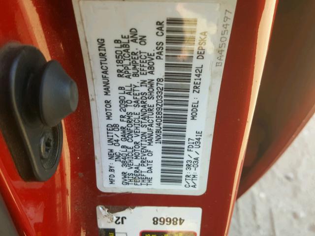 1NXBU40E89Z033278 - 2009 TOYOTA COROLLA BA RED photo 10