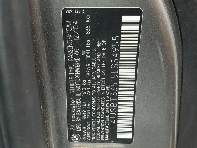 4USBT33515LS54955 - 2005 BMW Z4 2.5 GRAY photo 10