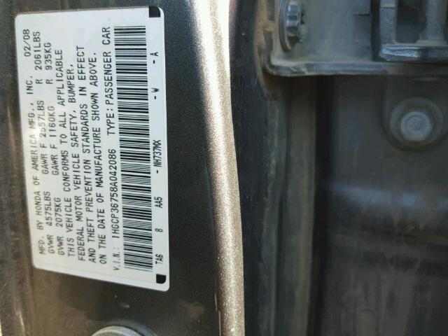 1HGCP36758A042086 - 2008 HONDA ACCORD GRAY photo 10