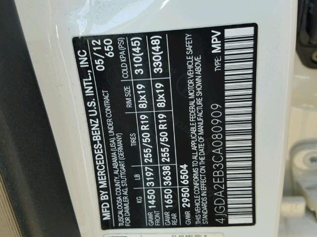 4JGDA2EB3CA080909 - 2012 MERCEDES-BENZ ML 350 BLU WHITE photo 10