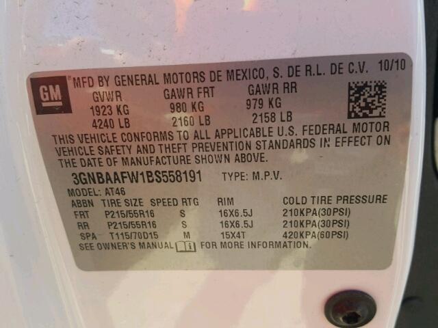 3GNBAAFW1BS558191 - 2011 CHEVROLET HHR LS WHITE photo 10