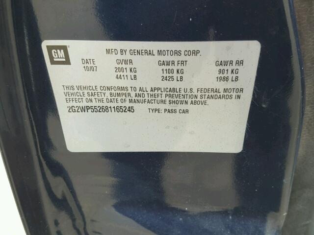 2G2WP552681165245 - 2008 PONTIAC GRAND PRIX BLUE photo 10