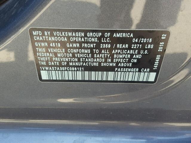 1VWAS7A35FC086121 - 2015 VOLKSWAGEN PASSAT S ნაცრისფერი ფოტო 10