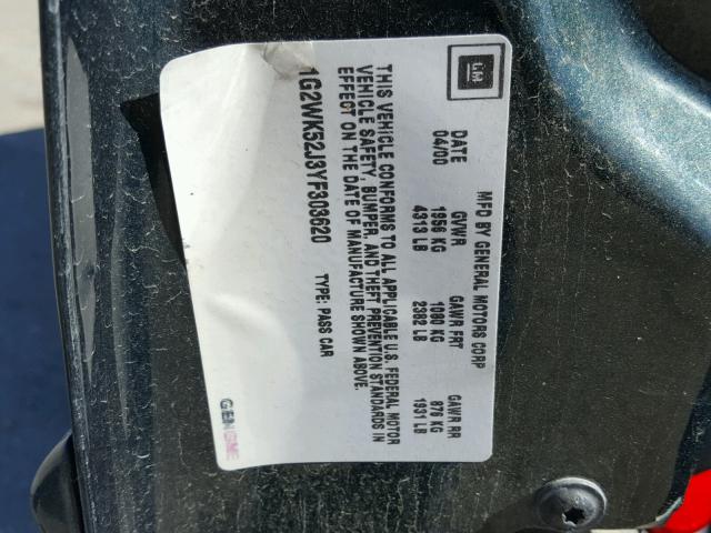 1G2WK52J3YF303620 - 2000 PONTIAC GRAND PRIX GREEN photo 10