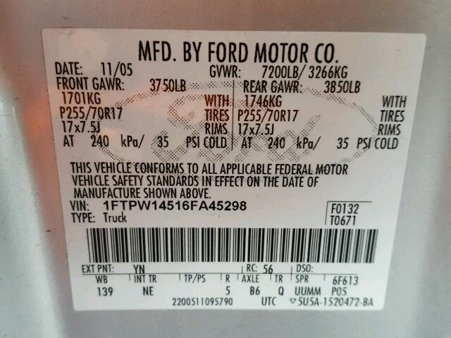 1FTPW14516FA45298 - 2006 FORD F150 SUPER SILVER photo 10